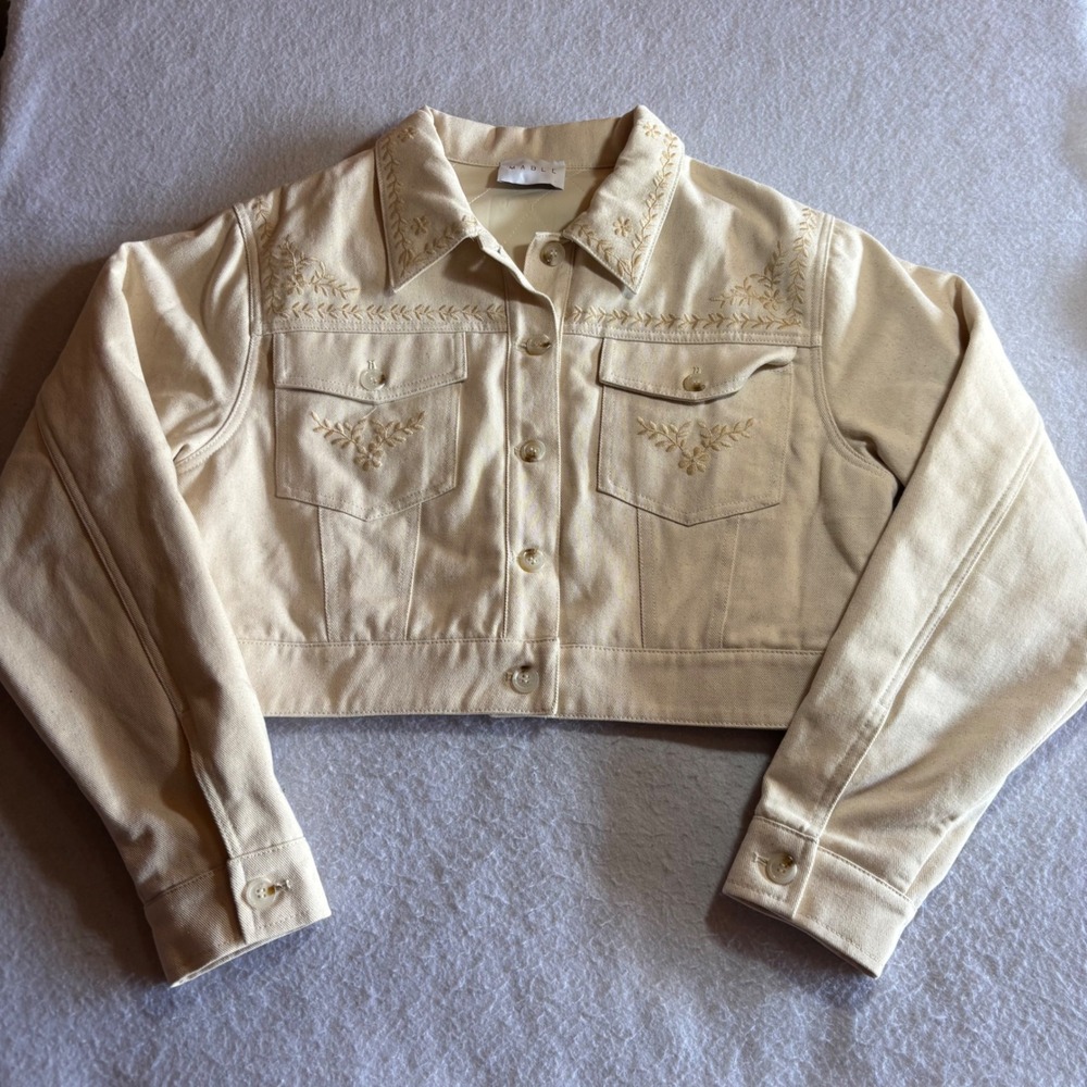 Mable Womens Cream Embroidered Cropped Denim Trucker Jacket Small Sample MK6337